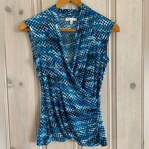Chaus Wrap Blue Patterned Sleeveless Top